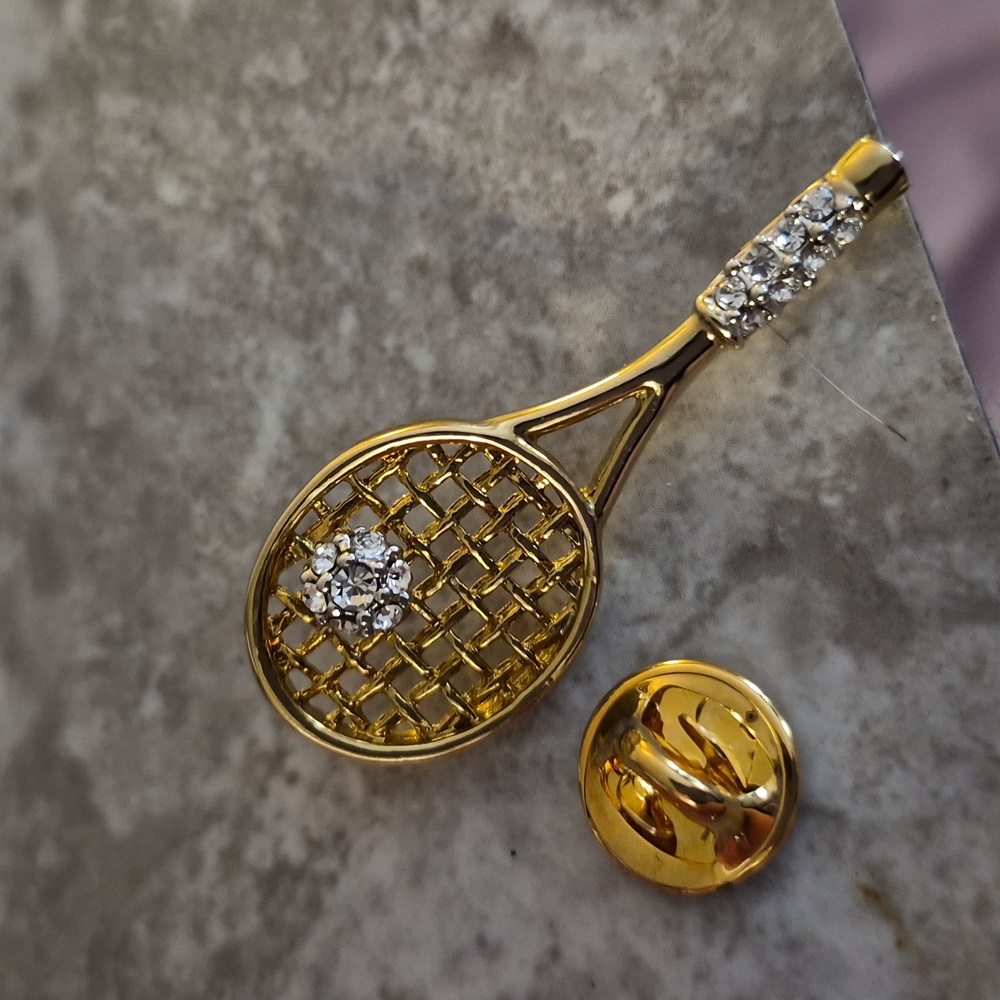 Put'em Gold Tennis Racket Rhinestone Lapel Pin Brooch 2"